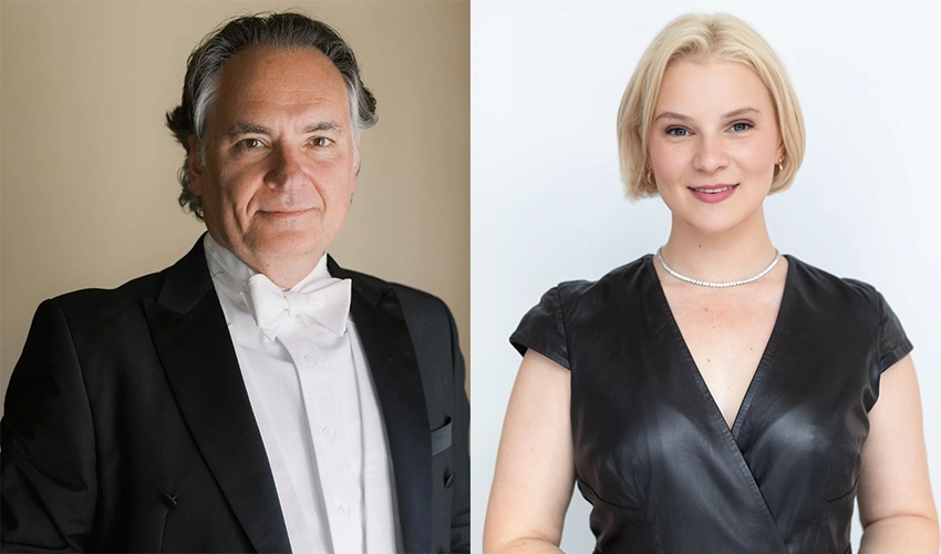 two side by side portraits, on the left an older white man in a tuxedo and on the right a blonde haired white woman in a dark dress