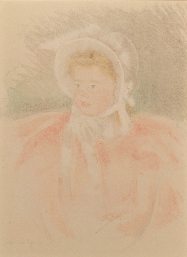 Portrait of a young blonde girl wearing a white bonnet and pink dress, her face turned to the left.