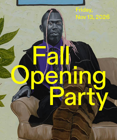 Painting of dark skinned person with long pink cornrows sitting cross-legged on couch. Superimposed on the image are the words “Fall Opening Party, Friday, Nov 13, 2026” in bright yellow lettering.