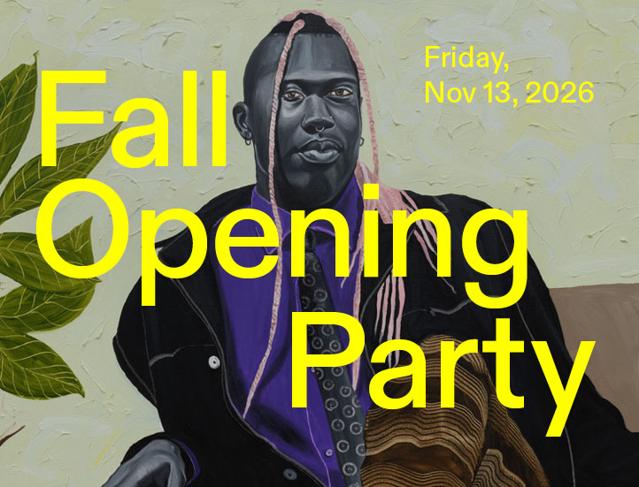 Painting of dark skinned person with long pink cornrows sitting cross-legged on couch. Superimposed on the image are the words “Fall Opening Party, Friday, Nov 13, 2026” in bright yellow lettering.