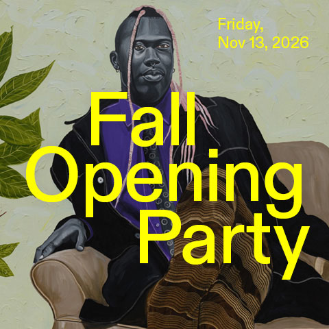Painting of dark skinned person with long pink cornrows sitting cross-legged on couch. Superimposed on the image are the words “Fall Opening Party, Friday, Nov 13, 2026” in bright yellow lettering.
