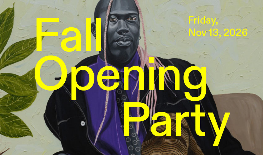 Painting of dark skinned person with long pink cornrows sitting cross-legged on couch. Superimposed on the image are the words “Fall Opening Party, Friday, Nov 13, 2026” in bright yellow lettering.