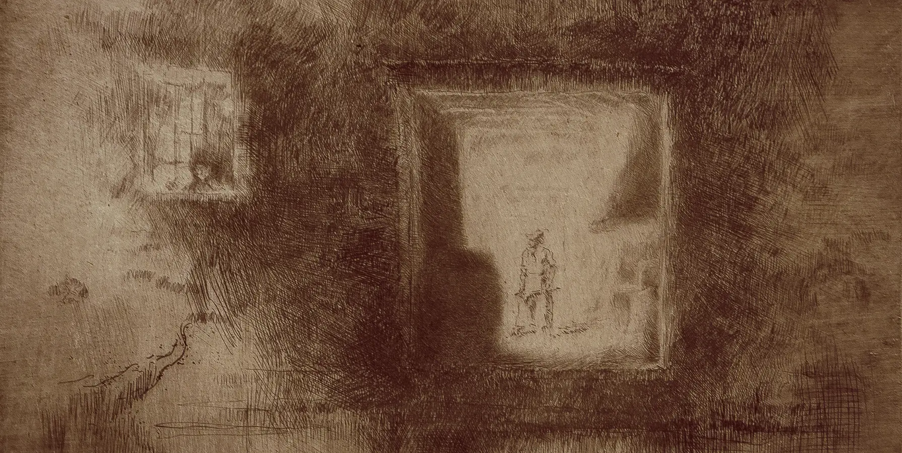 etching of a figure in a room