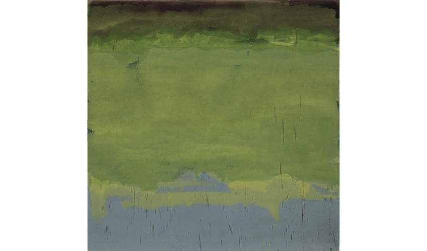 abstract painting with horizontal color fields dominated by a large green area