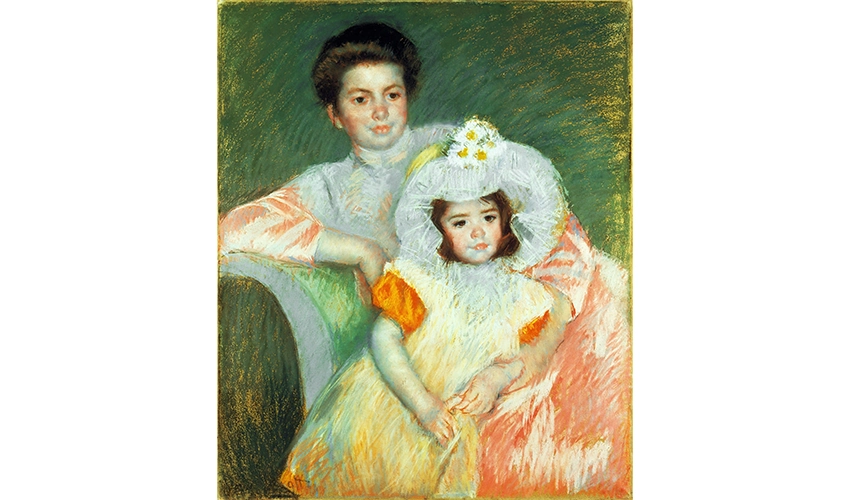 Portrait of a woman wearing a pink and white dress, with a girl in a pink and yellow dress seated in front of her, both gazing slightly off to the side of the frame.