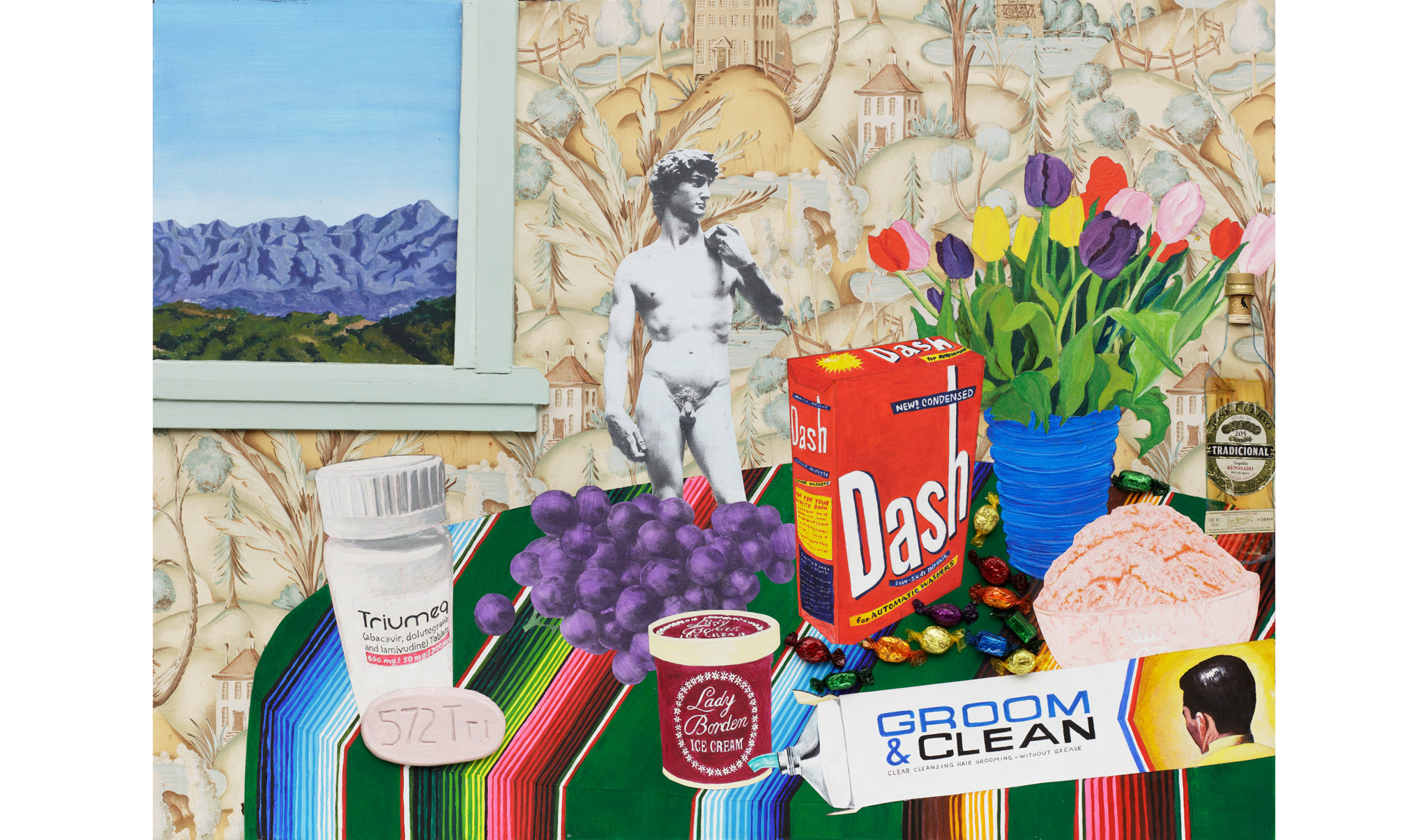 painting of a room featuring a table covered in household items and a view of the mountains