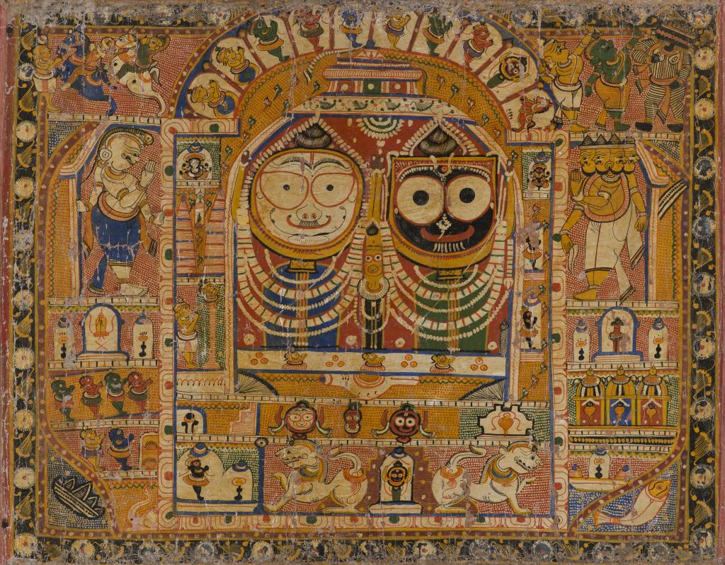 “Pata” Painting for Pilgrims Depicting the Trinity of the Puri, India, Odisha, Puri district, late 19th century. Ink and color on cotton. Lent by Pratapaditya and Chitra Pal.