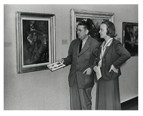 Donald J. Bear, Director (1940 - 1952), and Esther Bear considering Peppino Mangravite's Ecstasy, during the opening exhibition at SBMA, 1941.