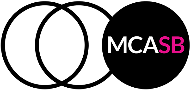 logo for museum of contemporary art santa barbara with the text "mcasb" in a black circle