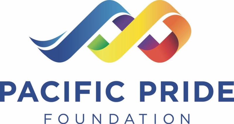 logo for Pacific Pride Foundation featuring a ribbon like design reminiscent of a wave in rainbow pallette