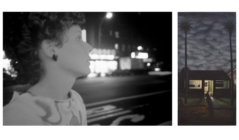 diptych of photo and painting, on the left a close up black and white photo of the artist Jane Dickson on the street in profile looking away, and on the right a painting of a house flanked by palm trees at dusk