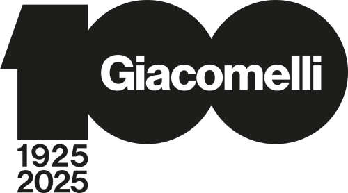 black and white logo featuring a large black 100 framing the artist name Giacomelli and the years 1925-2025 below the 1