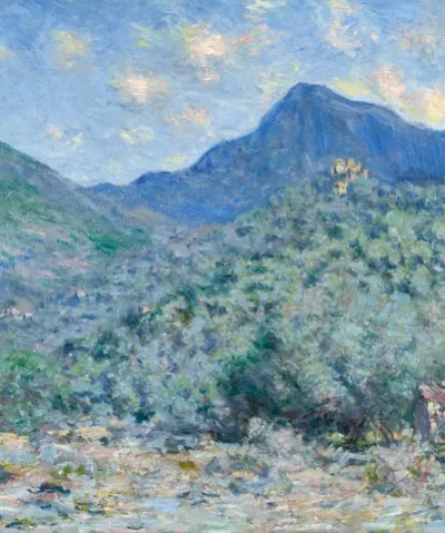 impressionist painting of a landscape with mountains in a cool palette of blues and greens
