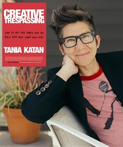 photo of the author leaning against a chair with an image of their book Creative Trespassing inset in the top left