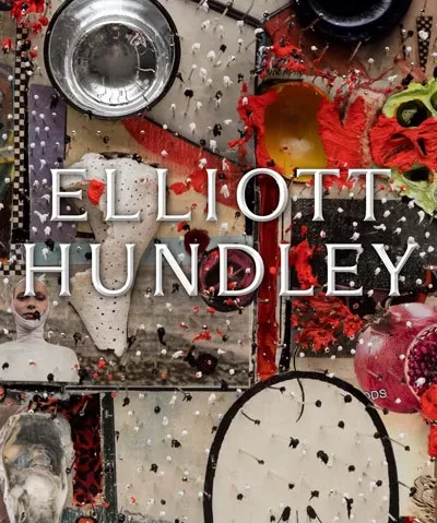 detail of an artwork by elliott hundley with their name in a bold font overlaid on top