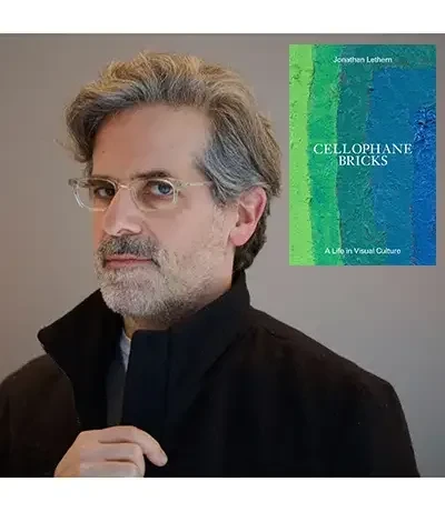 portrait of the author in a dark coat staring into the camera on the left and the cover of the featured book inlayed on the right