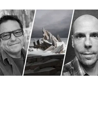 triptych of event speakers flanking a Casebere painting