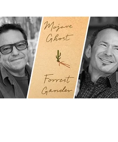 triptych of event speakers flanking the cover of Mojave Ghost by Forrest Gander