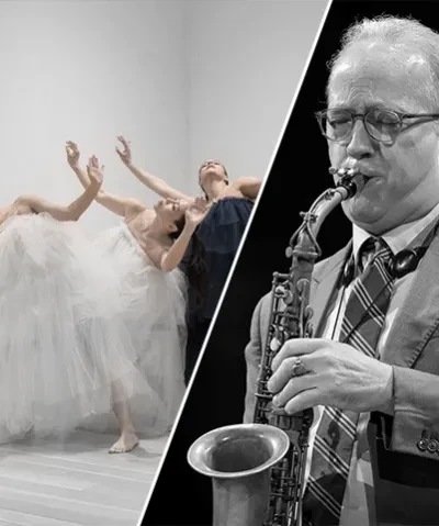 diptych of dancers in white outfits and a sax player in black and white on the right