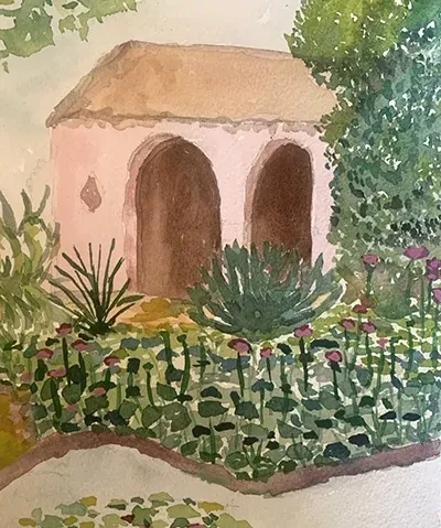 colorful rendering of a building surrounded by plants