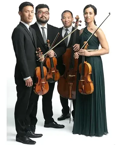 photo of the string quartet and their instruments dressed up for a performance