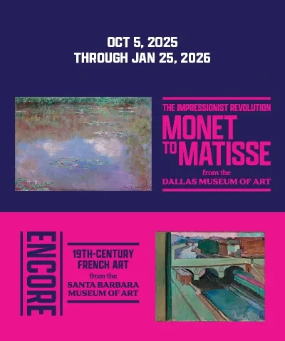 indigo and magenta treatment of graphic presenting the impressionist revolution and encore exhibitions with two impressionist paintings by monet and matisse to acommpany them