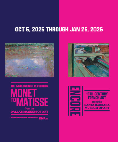 Magenta and indigo graphic featuring the titles of two exhibitions, alongside paintings by Monet and Matisse.