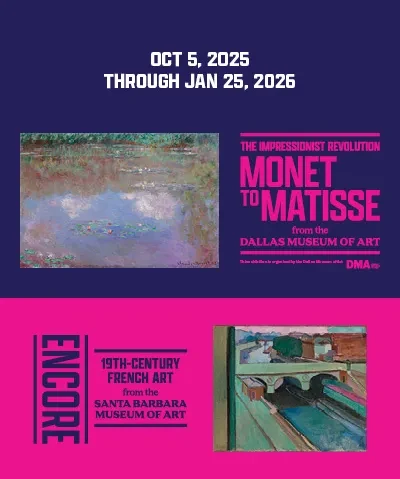 graphic design showcasing the The Impressionist Revolution and Encore exhibitions with a magenta and indigo palette and thumbnails of Monet and Matisse