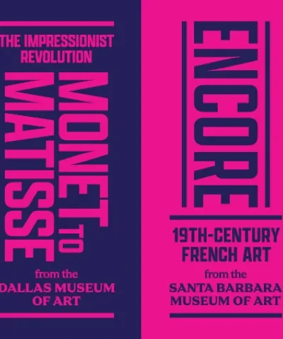 graphic design showcasing the The Impressionist Revolution and Encore exhibitions with a magenta and indigo palette and thumbnails of Monet and Matisse