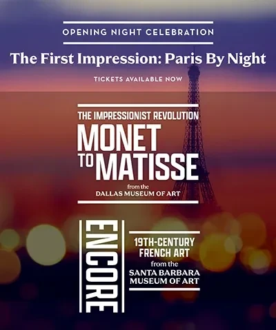 graphic promoting the first impression event for the impressionist revolution and encore shows with text overlaying a night scene of Paris