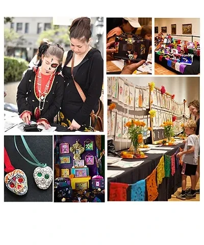 collage of photographs showing Día de los Muertos festivities imagery including people in sugar skull makeup, dancers, and sugar skull jewelry 