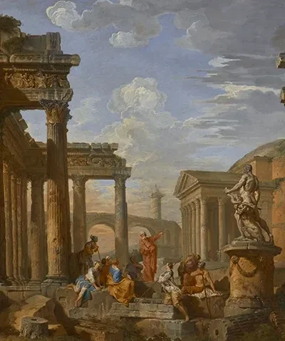  Ruin of ancient Roman temples and structures with a group of people standing around St. Paul with his arms raised and preaching. 