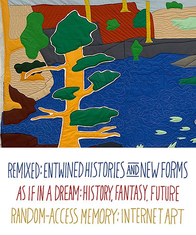 graphic featuring spring show titles below a detail of a colorful textile depicting a landscape