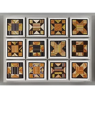 3 x 4 grid of square artworks of various geometrical cross patterns