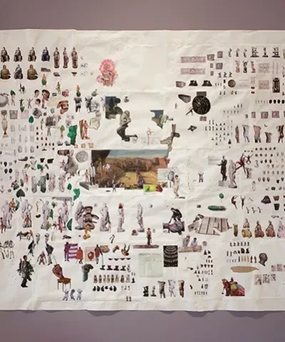 Image of collage artwork by Elliott Hundley with cutouts of sculptures by from the Museum’s collection
