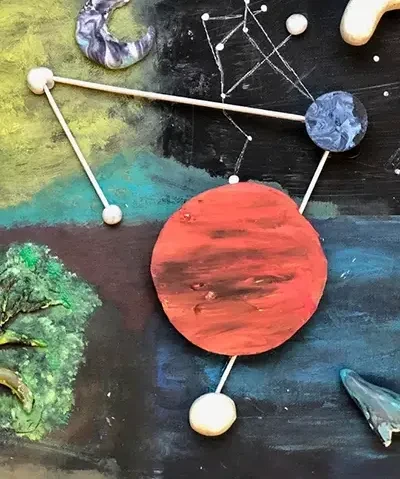 abstract depiction of the universe on a 2D surface including a tree, the sun, planets, and a constellation
