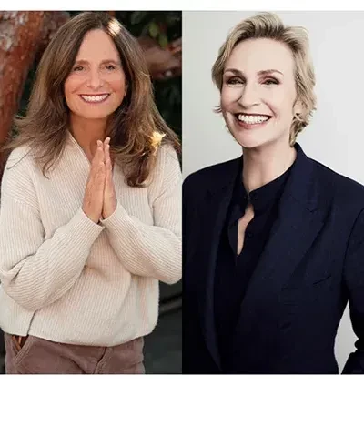 two portraits side by side of a white woman with long, dark hair in a white sweater with her hands raised up in a prayer, and on the right a smiling white woman with short, light hair in a dark suit smiling into the lens