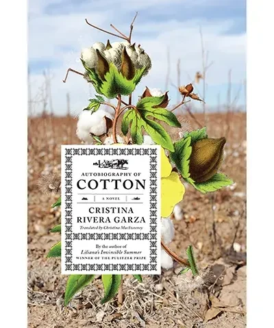 side by side images, a book cover of autobiography of cotton featuring title info over a photo of a dried out landscape and cotton plant, and on the right a portrait of the author in a blue shirt sitting at a table looking into the lens
