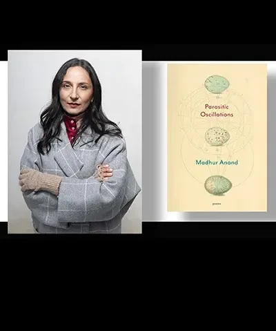 side by side images with a photo of a dark haired woman in a grey top and folded arms and on the right the cover of a book Parasitic Oscillations