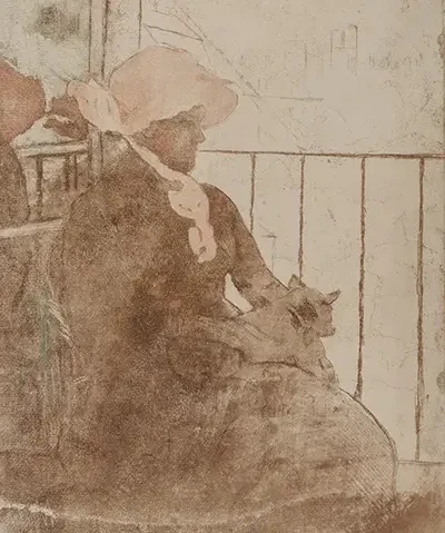 print of woman on a balcony with a cat in her lap