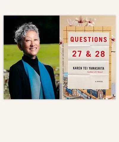 diptych of a portrait of the short haired author in dark clothes outside to the left of the cover of her book, Questions 27 & 28