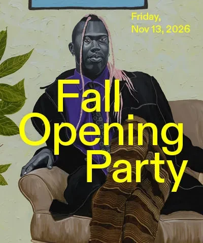 Painting of dark skinned person with long pink cornrows sitting cross-legged on couch. Superimposed on the image are the words “Fall Opening Party, Friday, Nov 13, 2026” in bright yellow lettering.