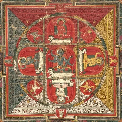detail of opaque watercolor on cotton of a Tibetan mandala of a goddess