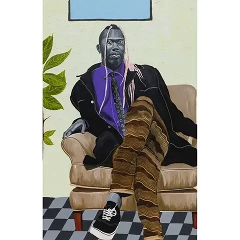 portrait of a person sitting on a couch against a yellow wall with a window, staring at the viewer