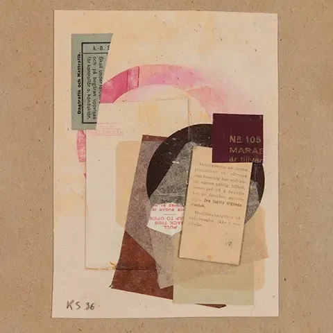 abstract collage of various shapes, colors, and sizes of paper in a vertical orientation