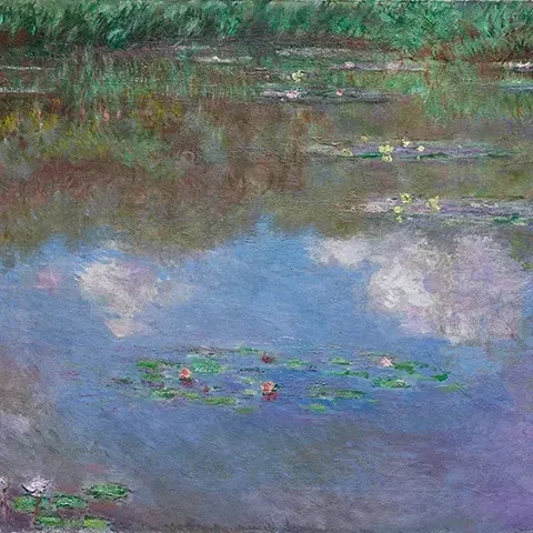 impressionist painting of water lilies in a pond against reflections of the clouds