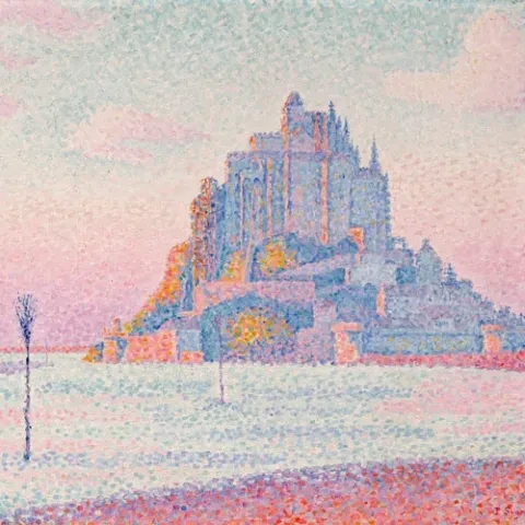 impressionist painting of the Mont Saint-Michel at sunset in a warm palette of pinks, oranges, and blues