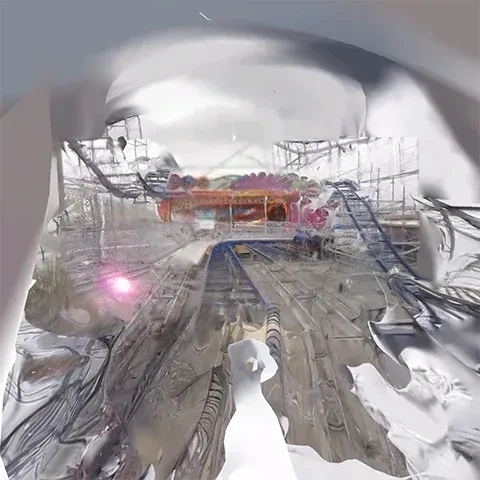 still from a video from YouTube reprocessed through photogrammetry featuring an abstract scene of grays and some red