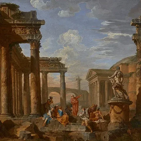painting of classical roman scene of ruins with a group of people surrounding a speaker