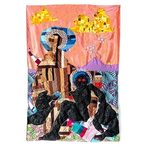 tapestry of dark figures on an abstract and colorful background